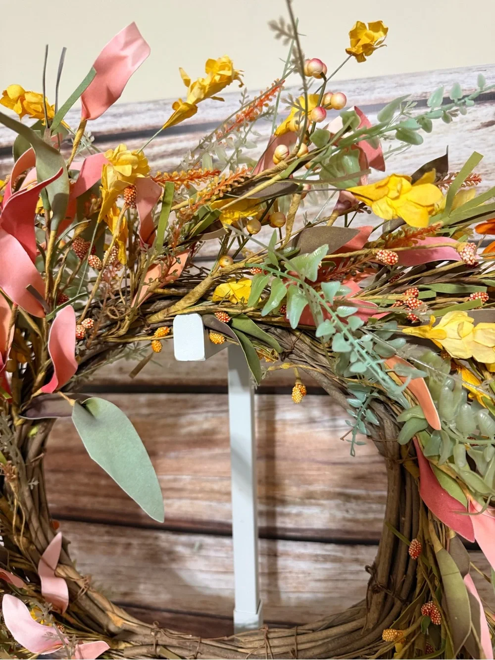 Autumn Flower & Berry Faux Floral Wreath - Yellow Orange & Pink